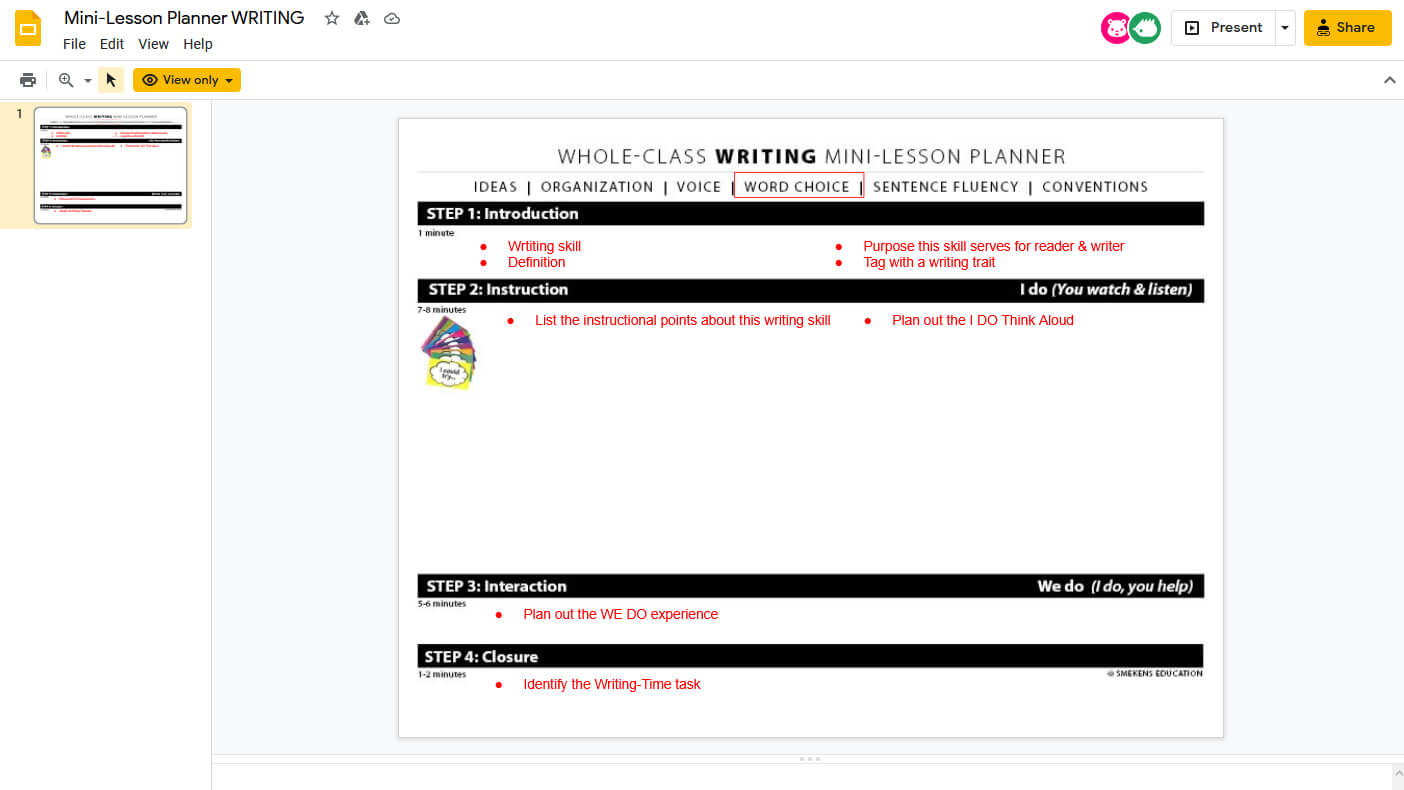 Google Slides Mini-Lesson Planner WRITING